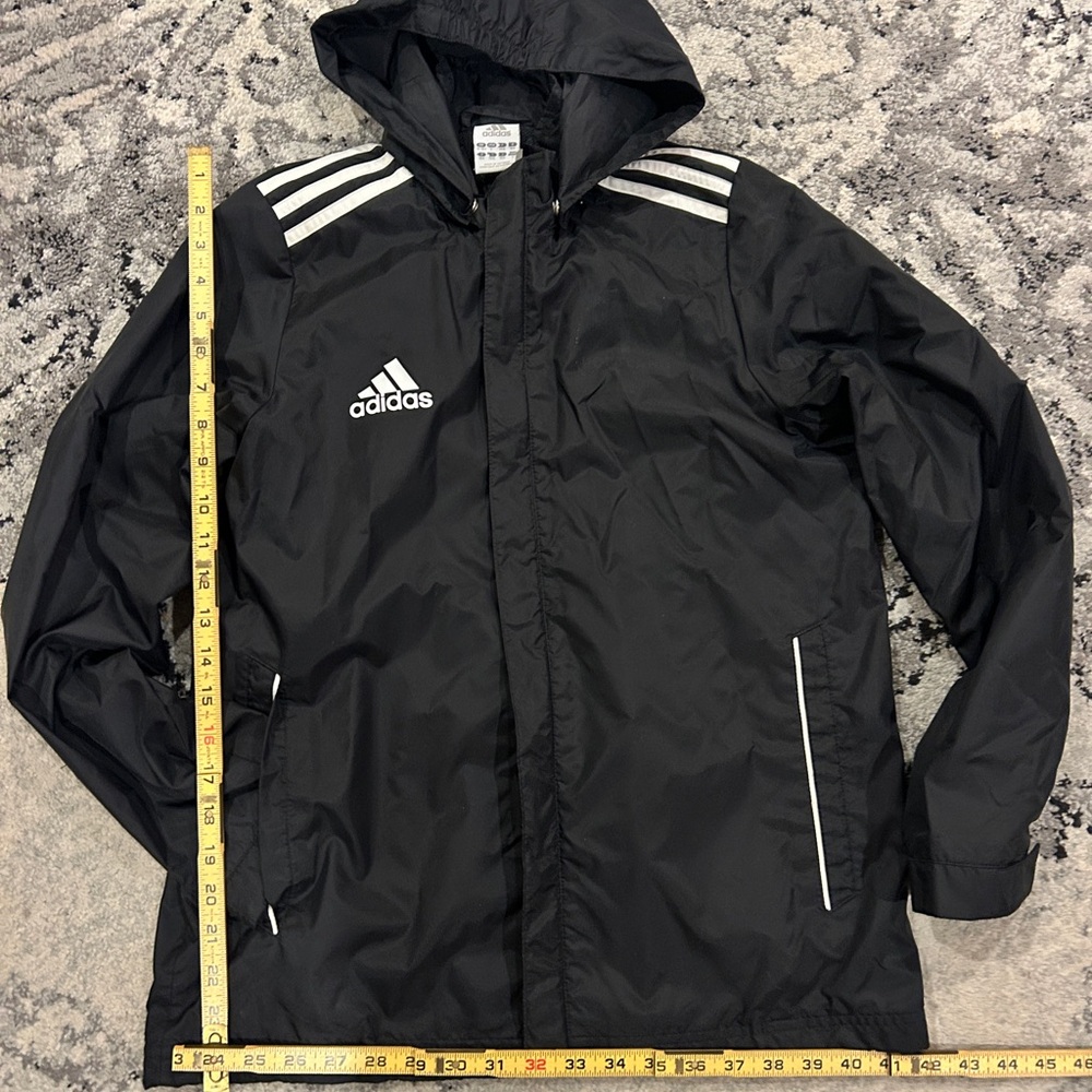 Adidas Men's Black Windbreaker with White Stripes